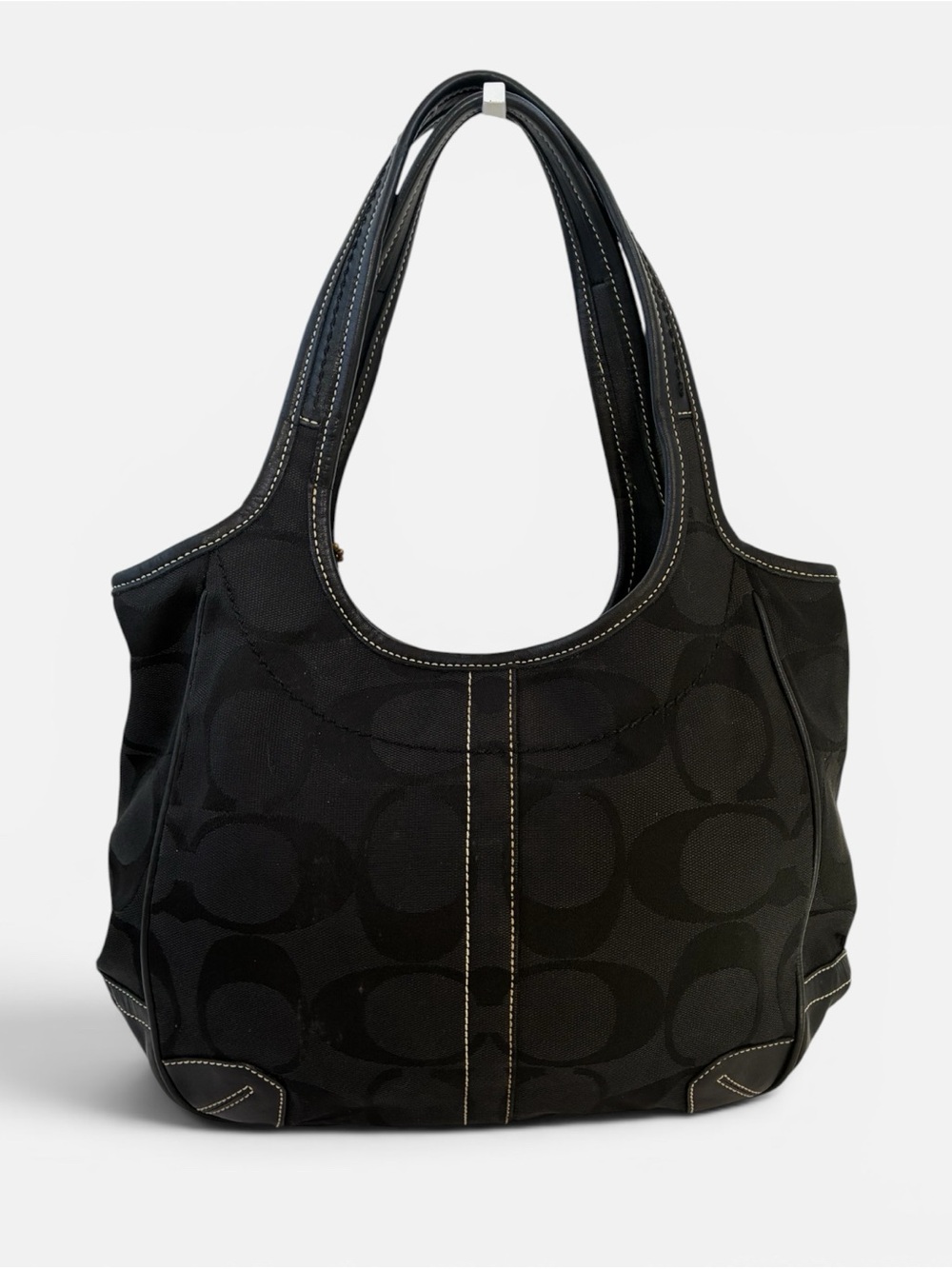 Coach Signature Black Jacquard Tote Bag Shoulder Handbag Leather Trim - Picture 2 of 10